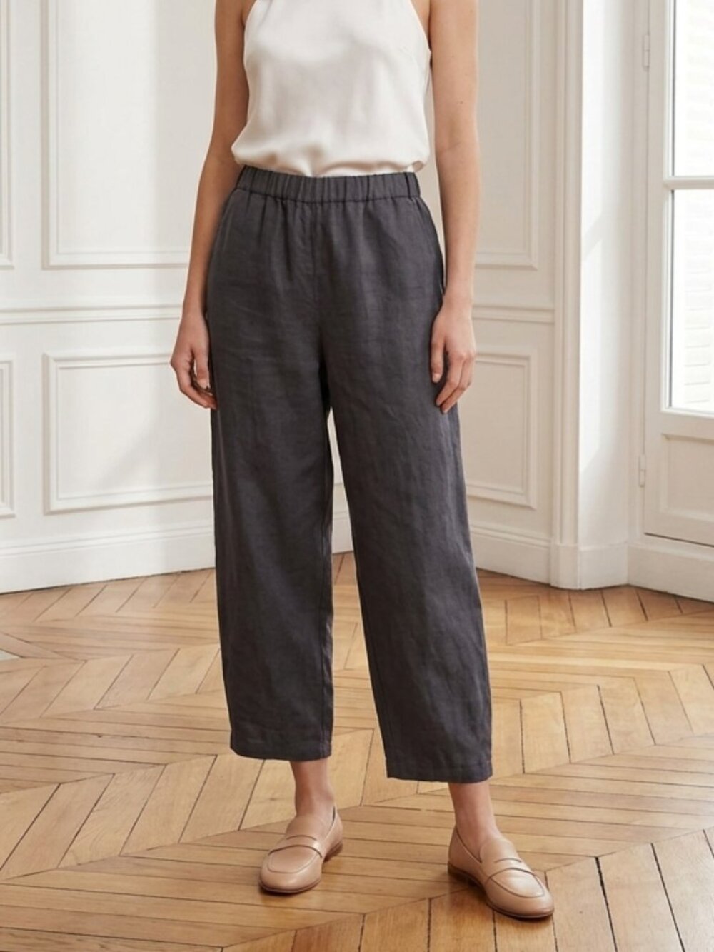 Poetry Navy Blue 100% Linen Tapered Trousers - Size 18 - Elastic Waist